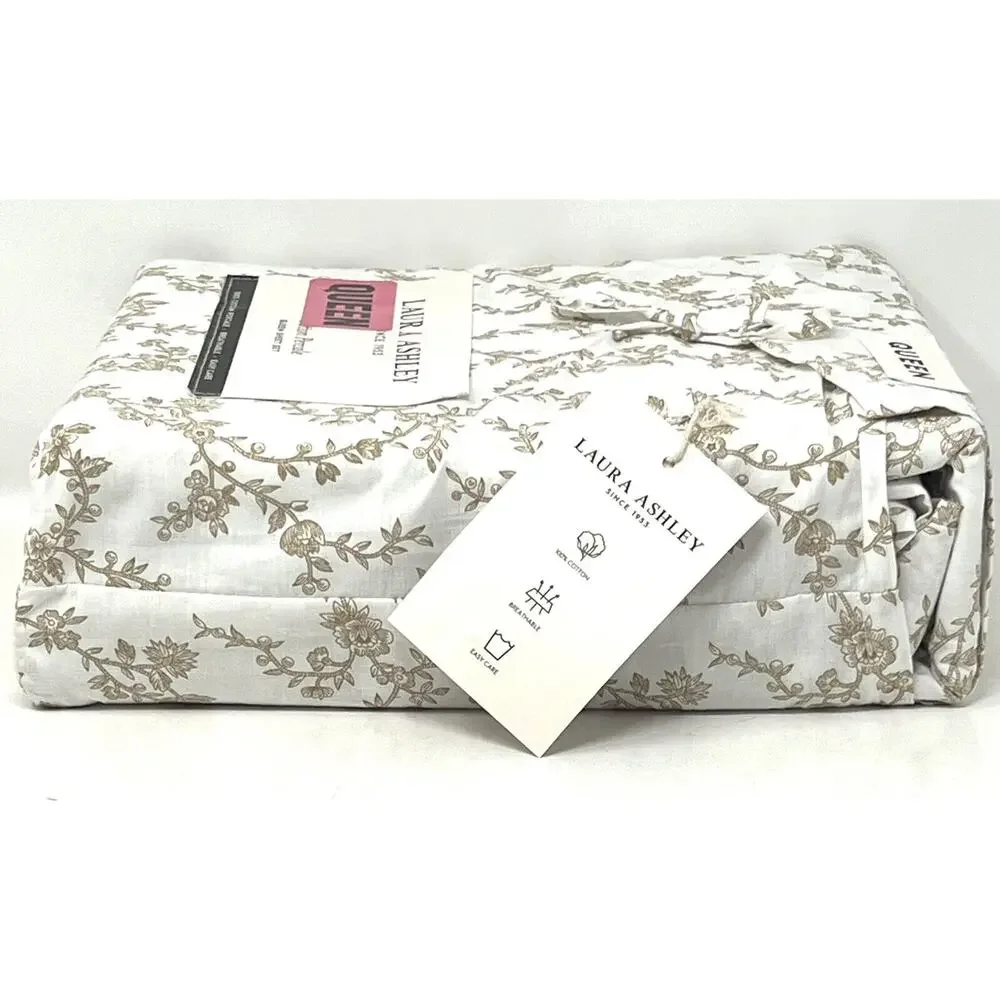 Laura Ashely Beige Tan White Floral Queen Sheet Set Cotton Percale NWT Victoria